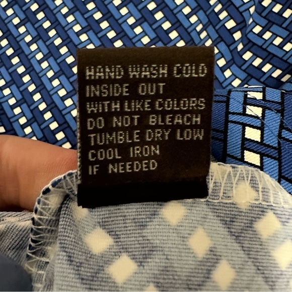 J. McLaughlin Blue & White Weave Print Stretch Dress M ruffle neckline 3/4 slv - Picture 7 of 10